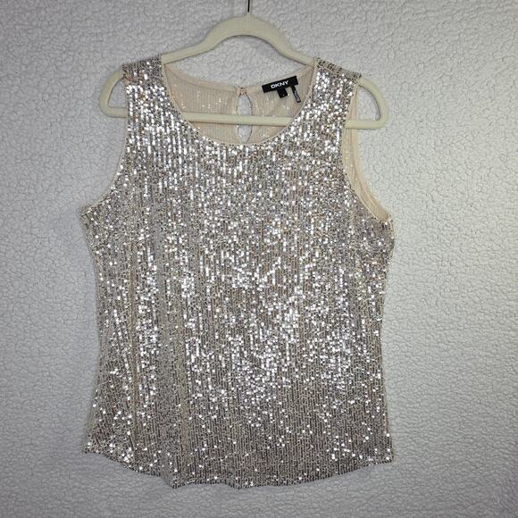 DKNY LightBrown L champagne Sparkling Sequin Tanktop. Round neck. Party Events - Picture 1 of 12